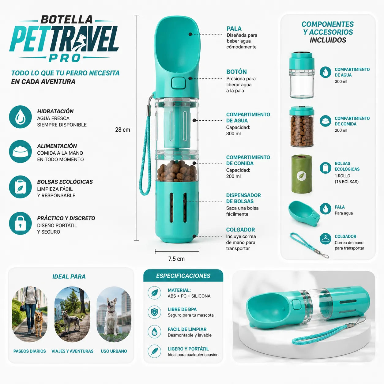 BOTELLA PETTRAVEL PRO Agua y comida siempre listas para tu perro en cada paseo