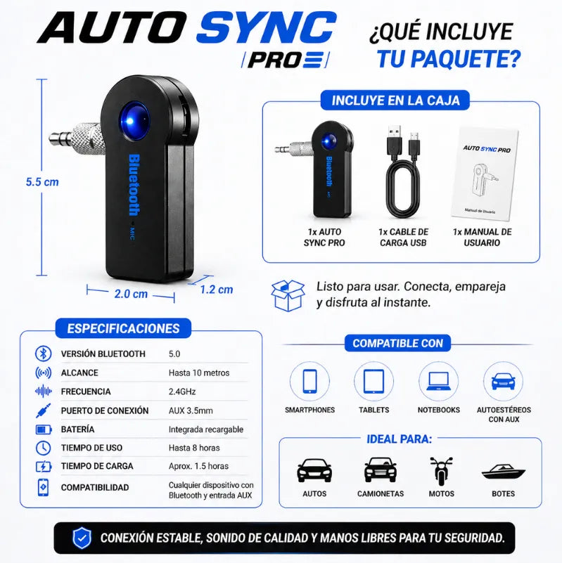 AUTO SYNC PRO™ Convierte tu radio antigua en Bluetooth sin cables.