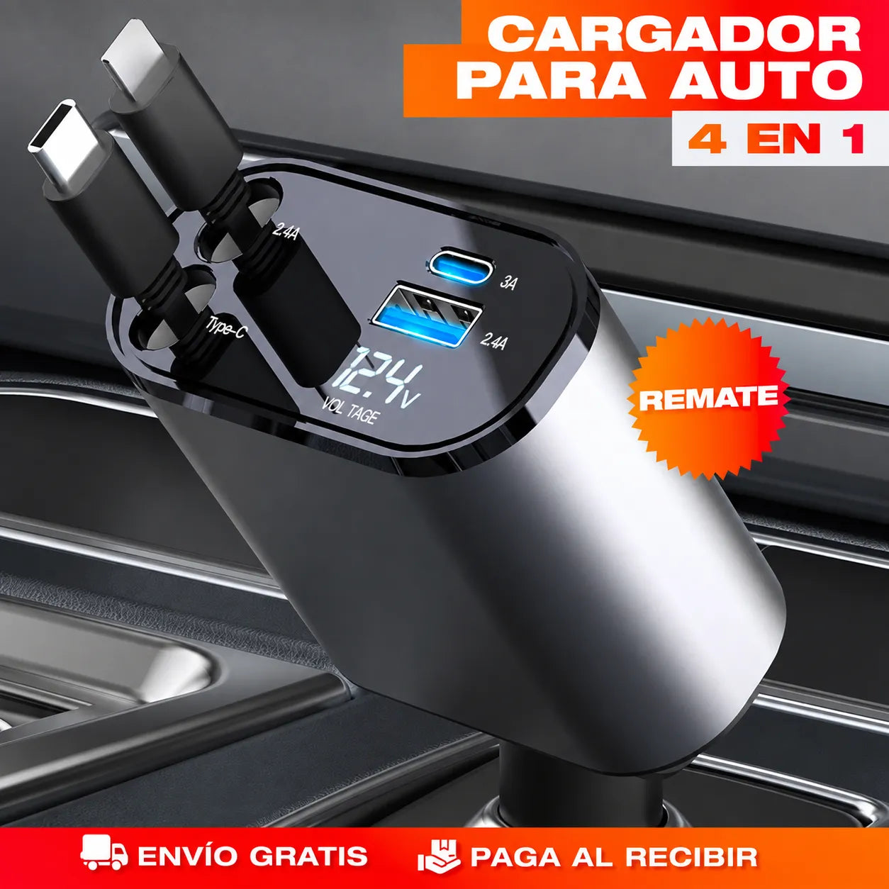 Cargador para Auto 4 en 1: carga rápida y sin enredos . ENVIO GRATIS Y PAGAS AL RECIBIR