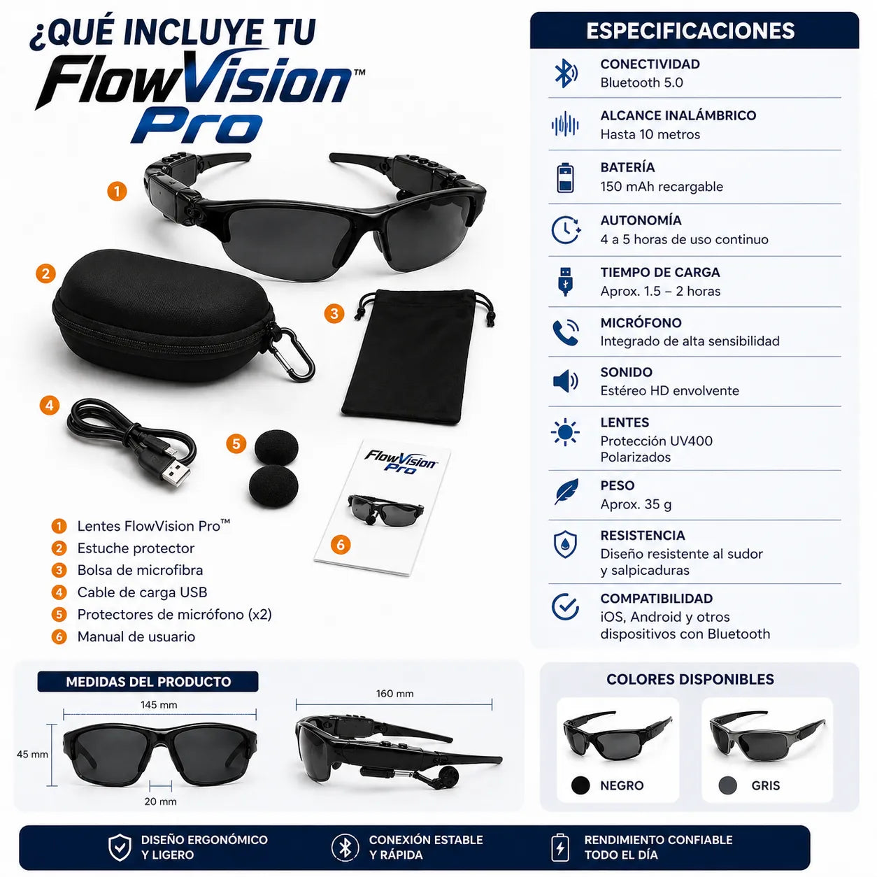Gafa Bluetooth FLOW VISION PRO™ Mantente conectado sin detener tu rutina diaria
