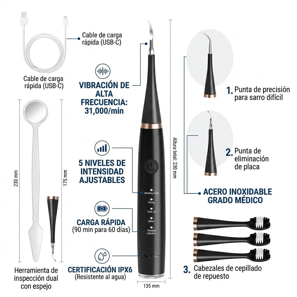 LIMPIADOR SONIC PRO DENTAL Elimina el sarro y la placa en minutos con tecnología sónica