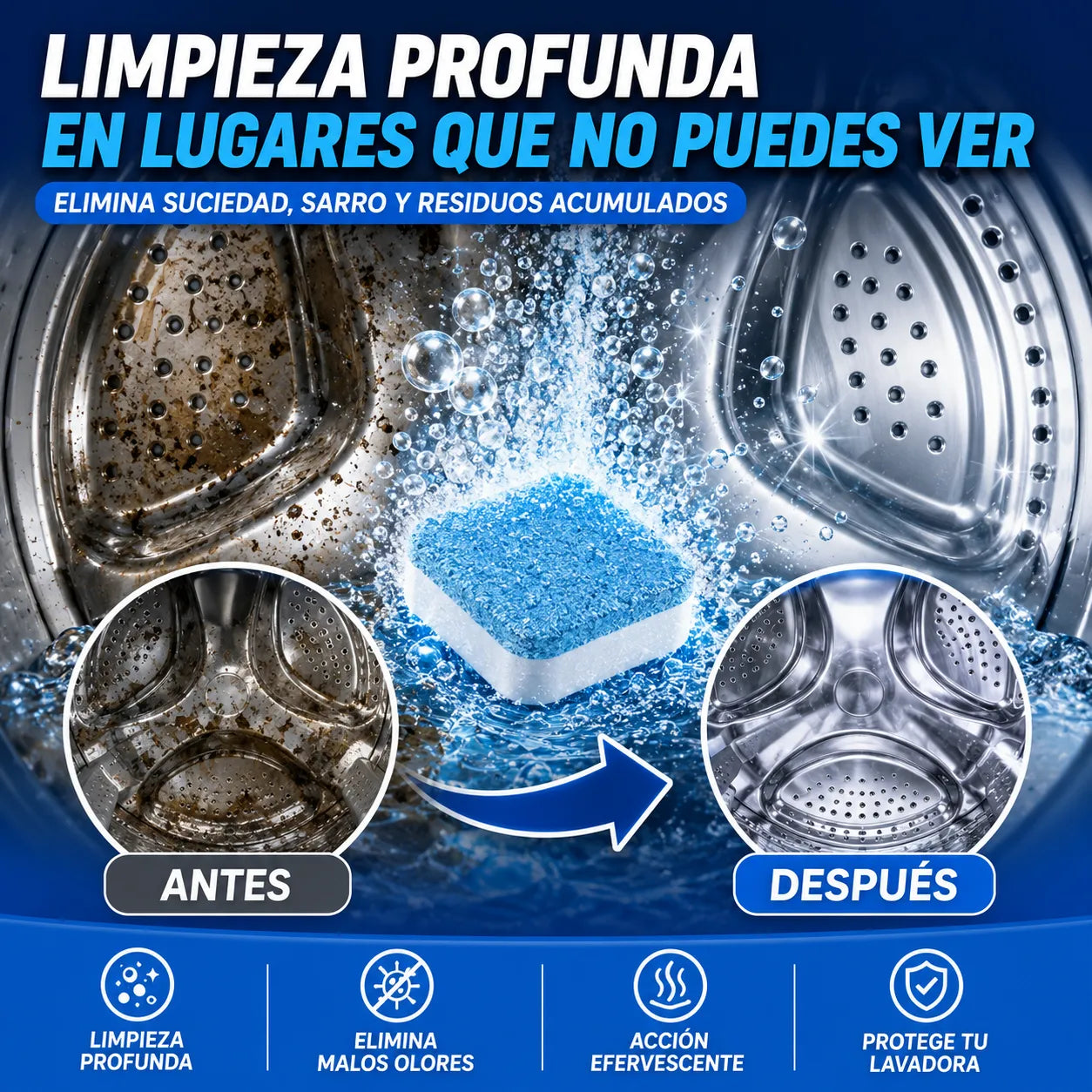 PASTILLAS CLEANWASH PRO  Elimina malos olores y suciedad oculta de tu lavadora