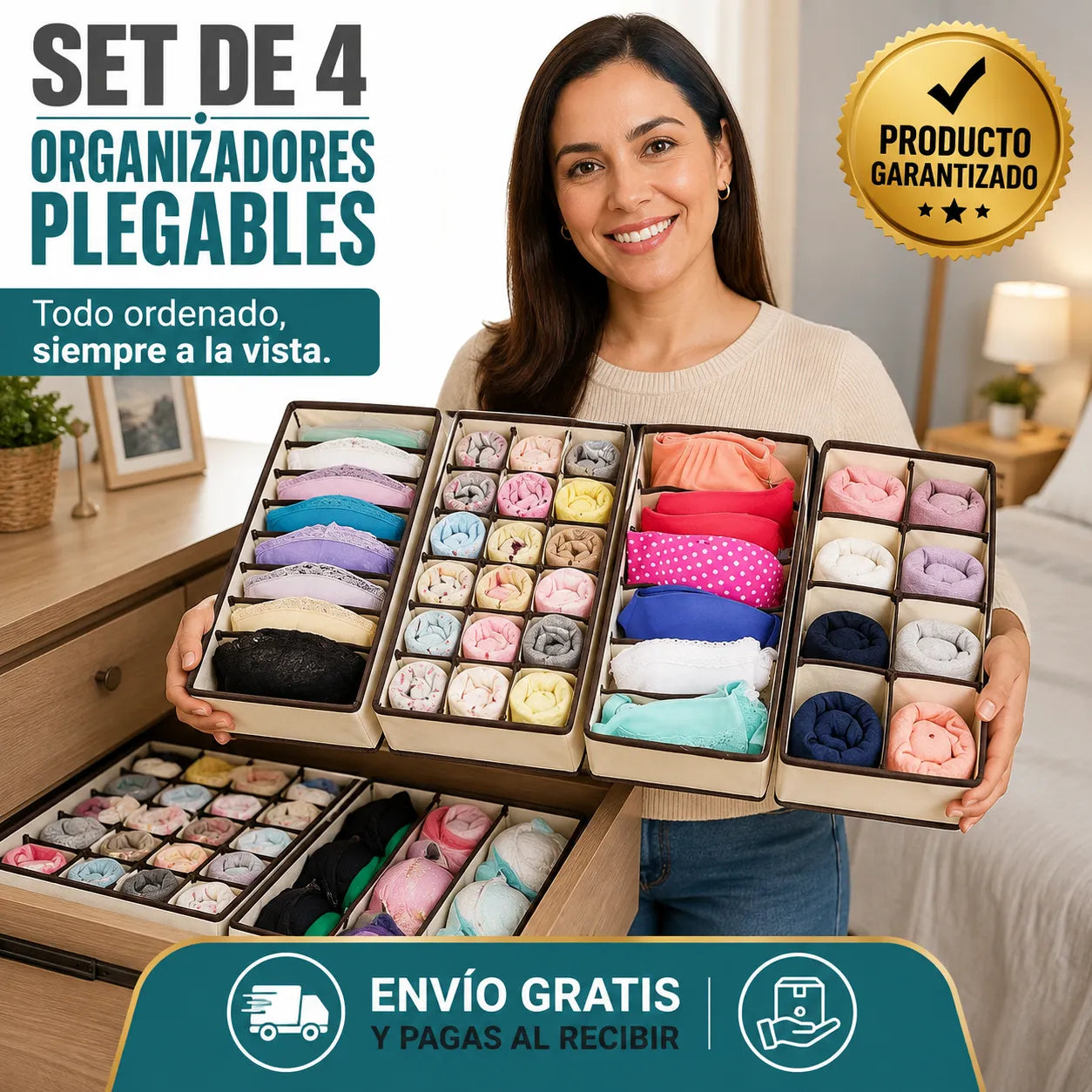 SET DE 4 ORGANIZADORES PLEGABLES   Mantén cada cajón ordenado y cada prenda siempre a la vista