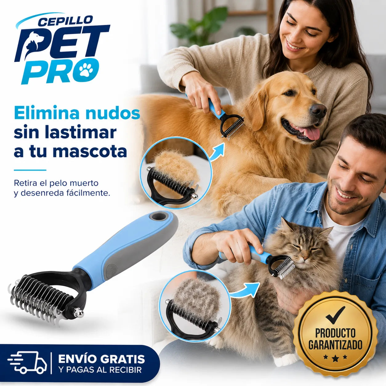 CEPILLO PET PRO elimina nudos de pelo de tu mascota, sin lastimarlo