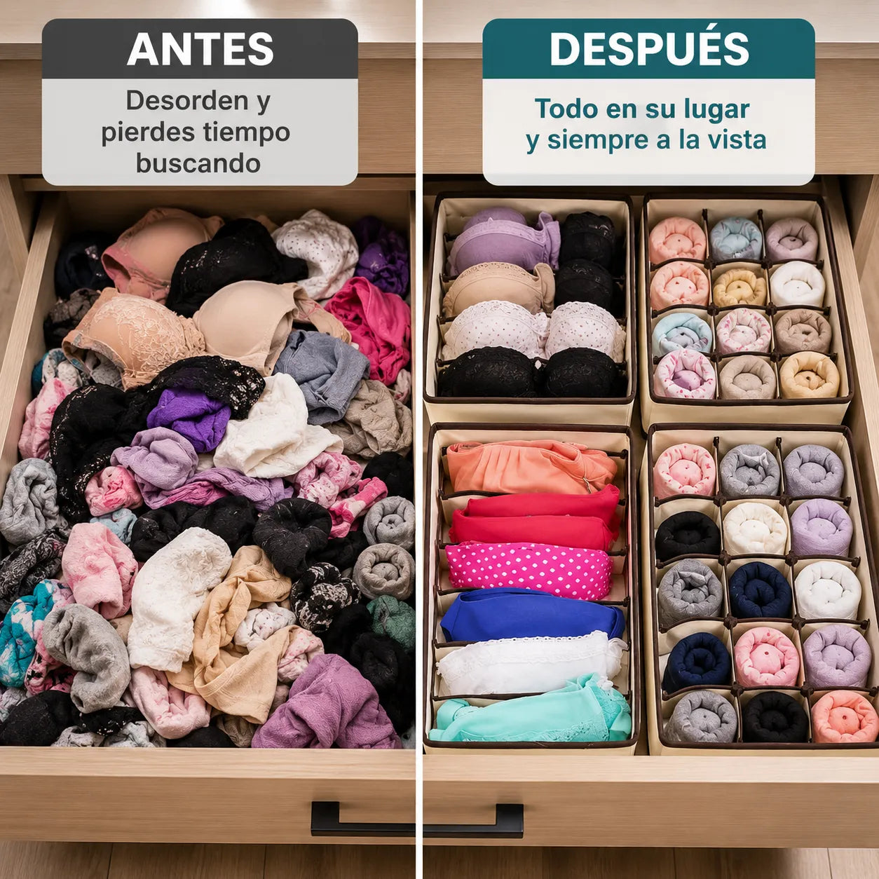 SET DE 4 ORGANIZADORES PLEGABLES   Mantén cada cajón ordenado y cada prenda siempre a la vista