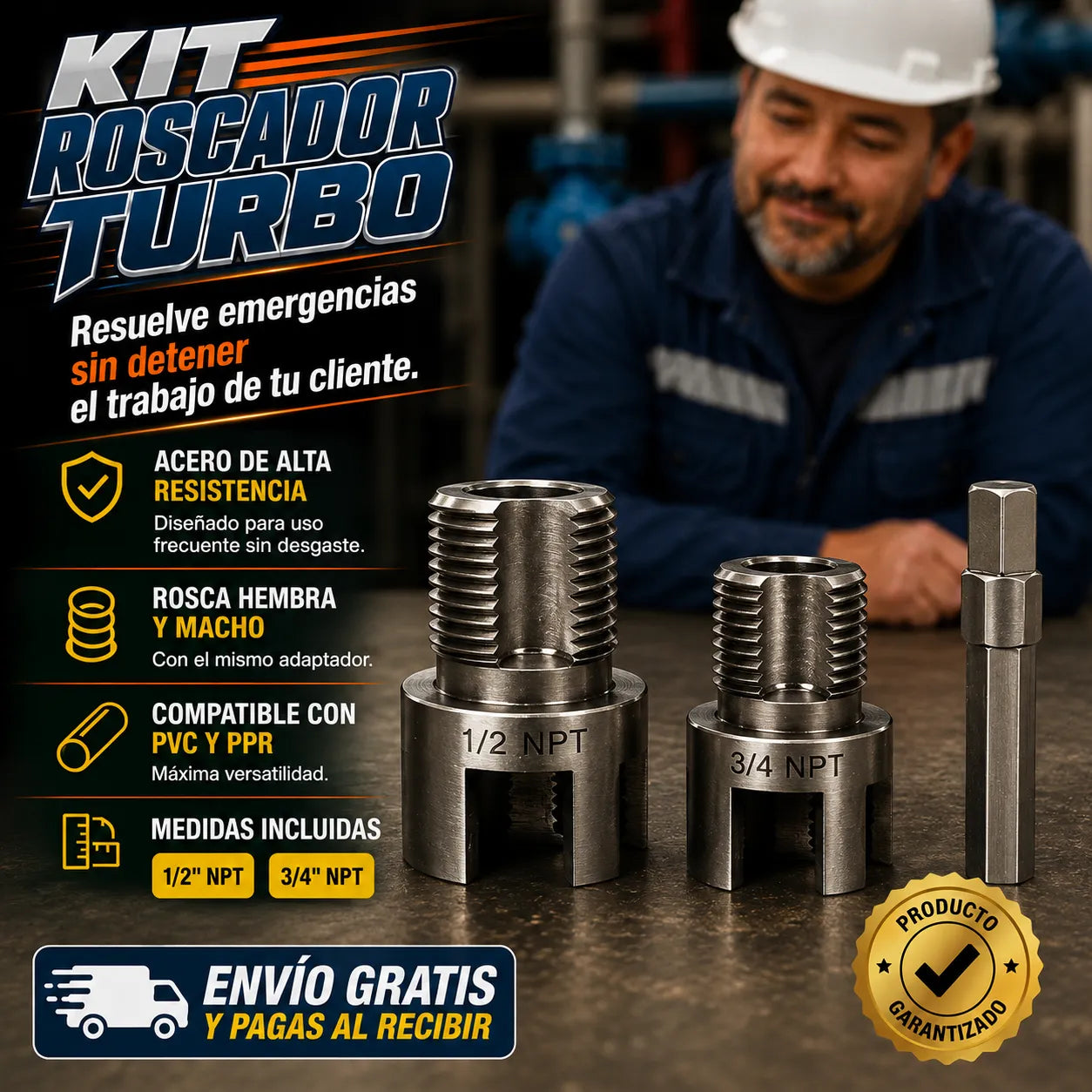 KIT ROSCADOR TURBO 1/2" y 3/4" - Resuelve emergencias de gasfitería en PVC y PPR sin detener el trabajo de tu cliente