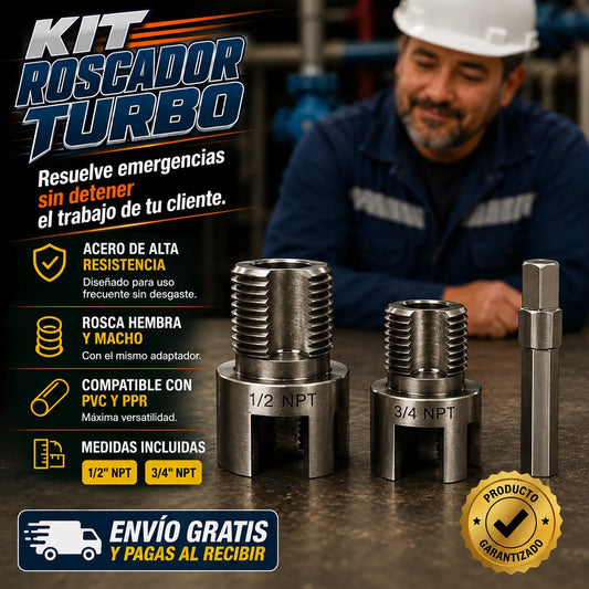 KIT ROSCADOR TURBO 1/2" y 3/4" - Resuelve emergencias de gasfitería en PVC y PPR sin detener el trabajo de tu cliente