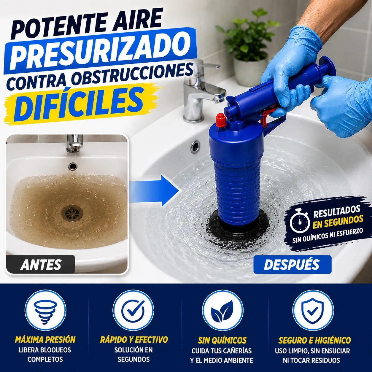 DESTAPADOR TURBO MAX™  Destapa cañerías difíciles en segundos sin químicos