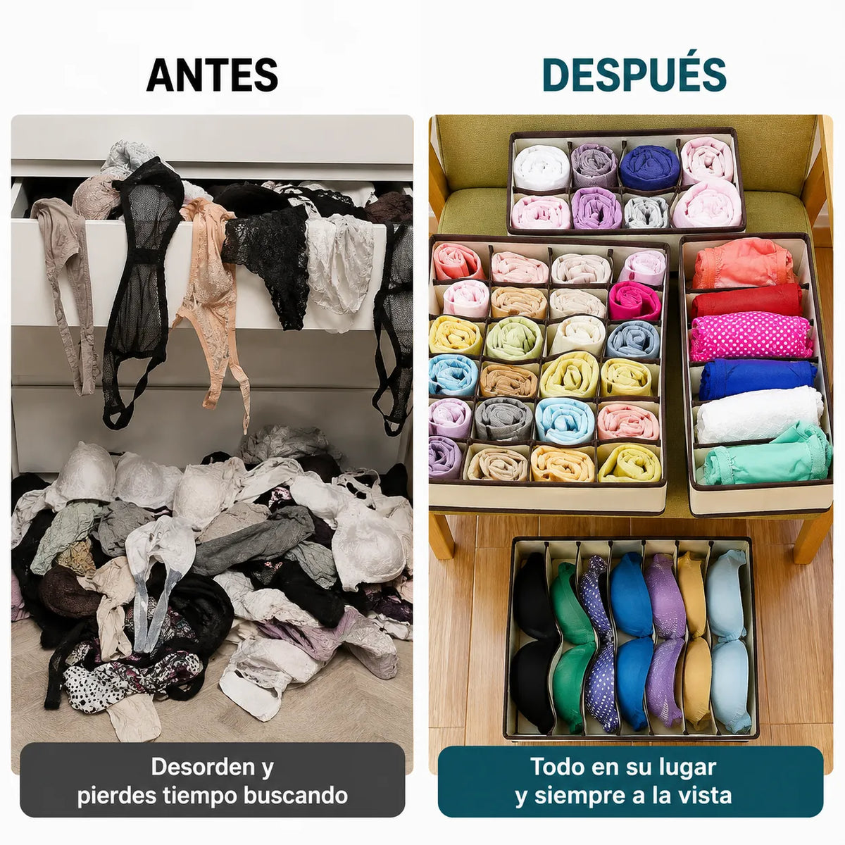 SET DE 4 ORGANIZADORES PLEGABLES   Mantén cada cajón ordenado y cada prenda siempre a la vista