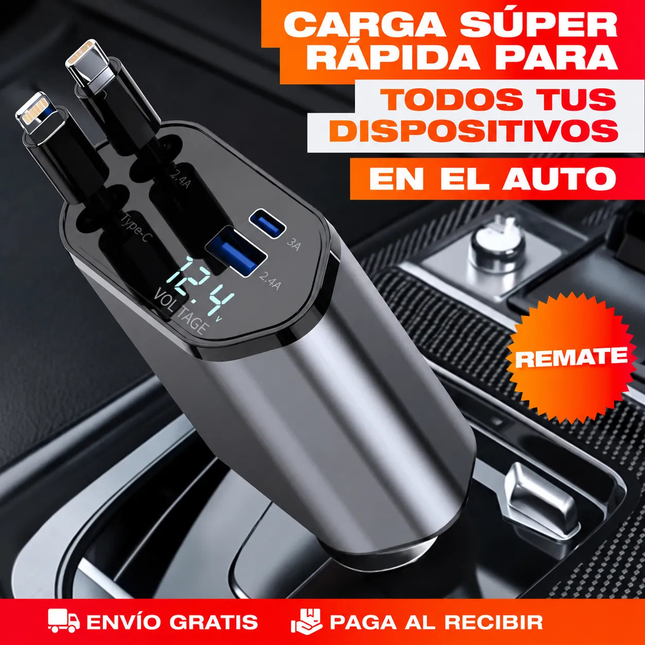 Cargador para Auto 4 en 1: carga rápida y sin enredos . ENVIO GRATIS Y PAGAS AL RECIBIR