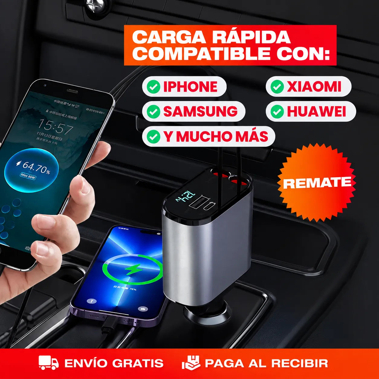 Cargador para Auto 4 en 1: carga rápida y sin enredos . ENVIO GRATIS Y PAGAS AL RECIBIR