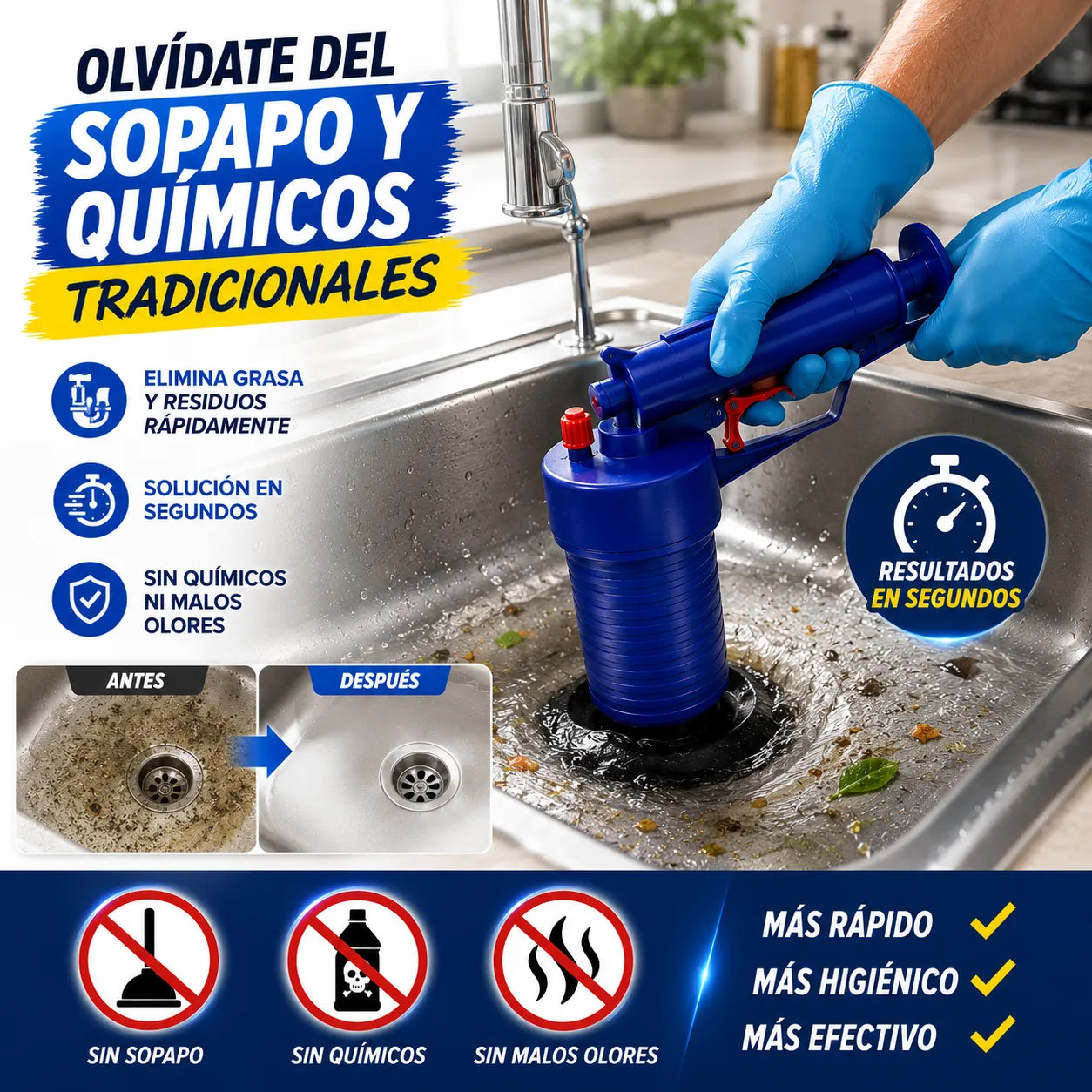 DESTAPADOR TURBO MAX™  Destapa cañerías difíciles en segundos sin químicos