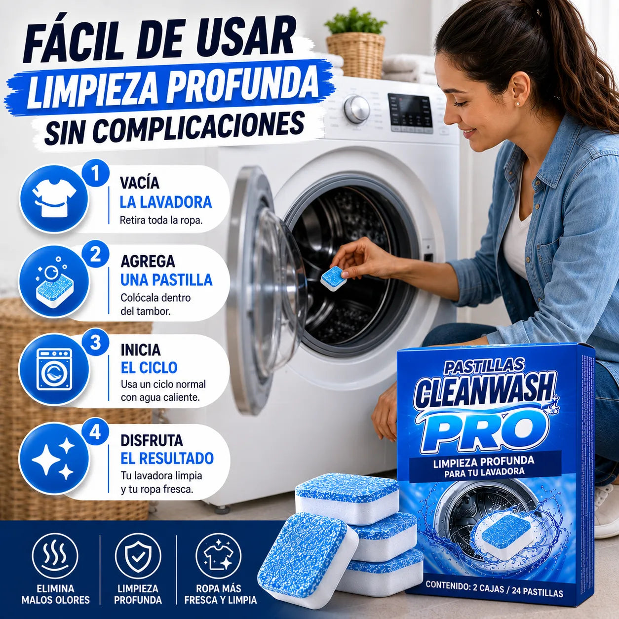 PASTILLAS CLEANWASH PRO  Elimina malos olores y suciedad oculta de tu lavadora