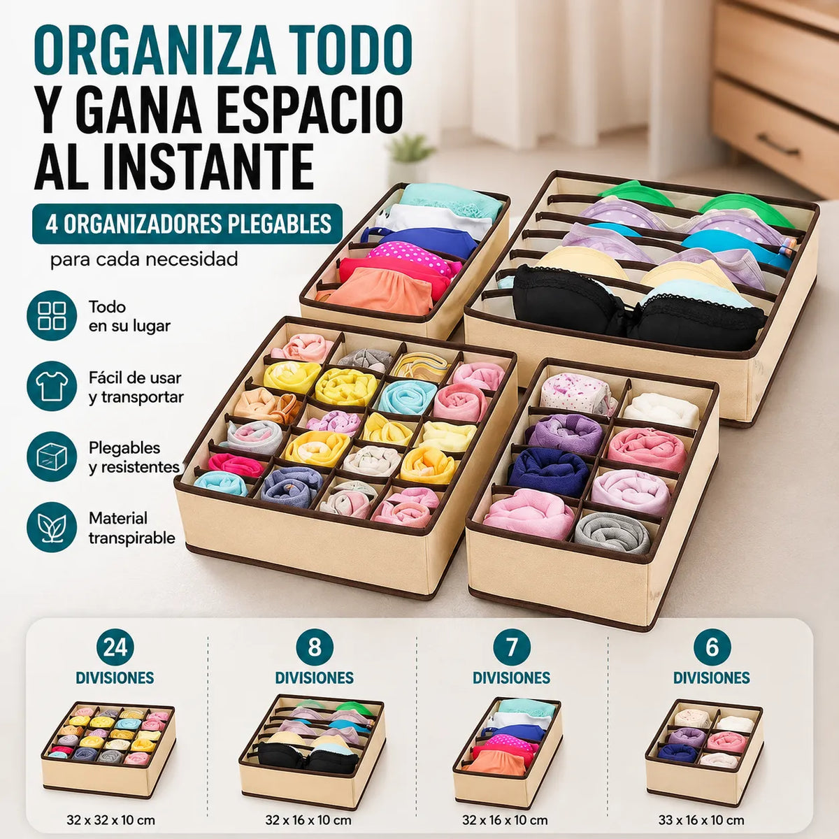 SET DE 4 ORGANIZADORES PLEGABLES   Mantén cada cajón ordenado y cada prenda siempre a la vista