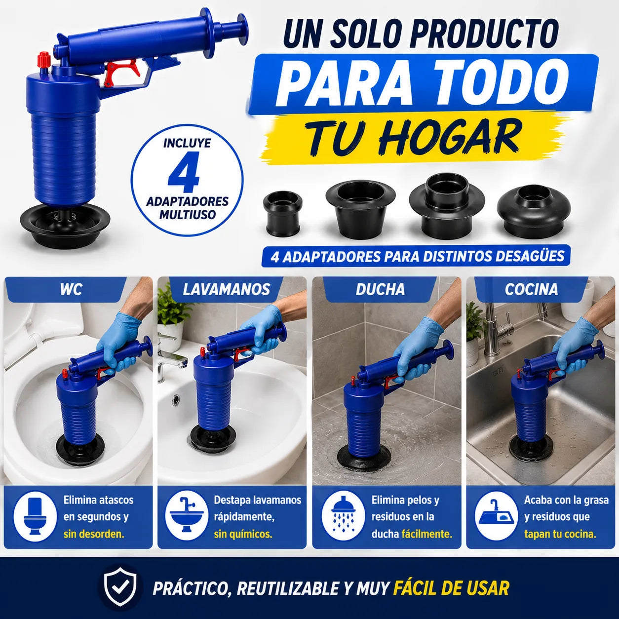 DESTAPADOR TURBO MAX™  Destapa cañerías difíciles en segundos sin químicos