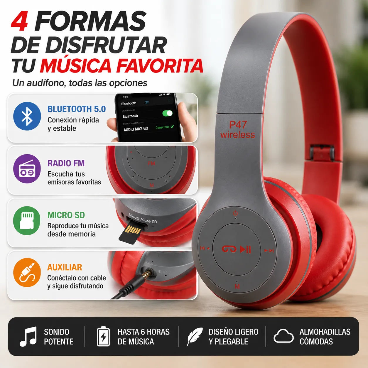 AUDÍFONOS AUDIO MAX p47   Escucha más horas con comodidad y libertad