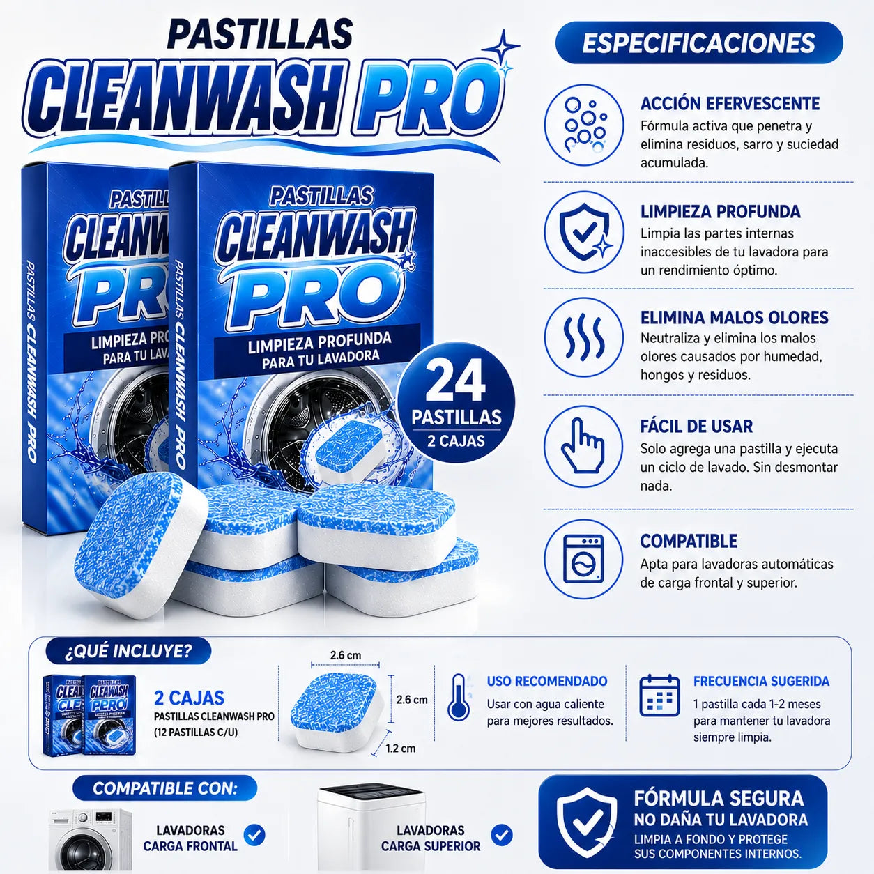 PASTILLAS CLEANWASH PRO  Elimina malos olores y suciedad oculta de tu lavadora
