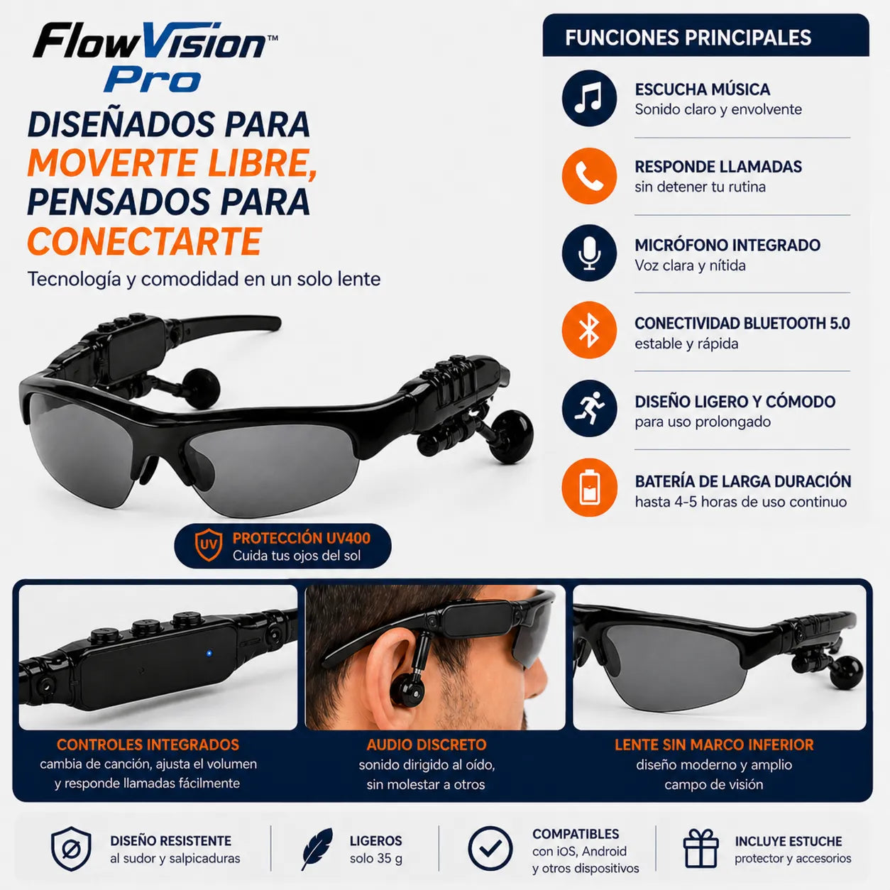 Gafa Bluetooth FLOW VISION PRO™ Mantente conectado sin detener tu rutina diaria