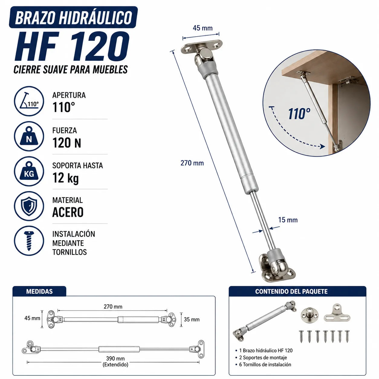 BRAZO HIDRAULICO HF 120   Evita portazos que dañan tus muebles y prolonga su vida útil