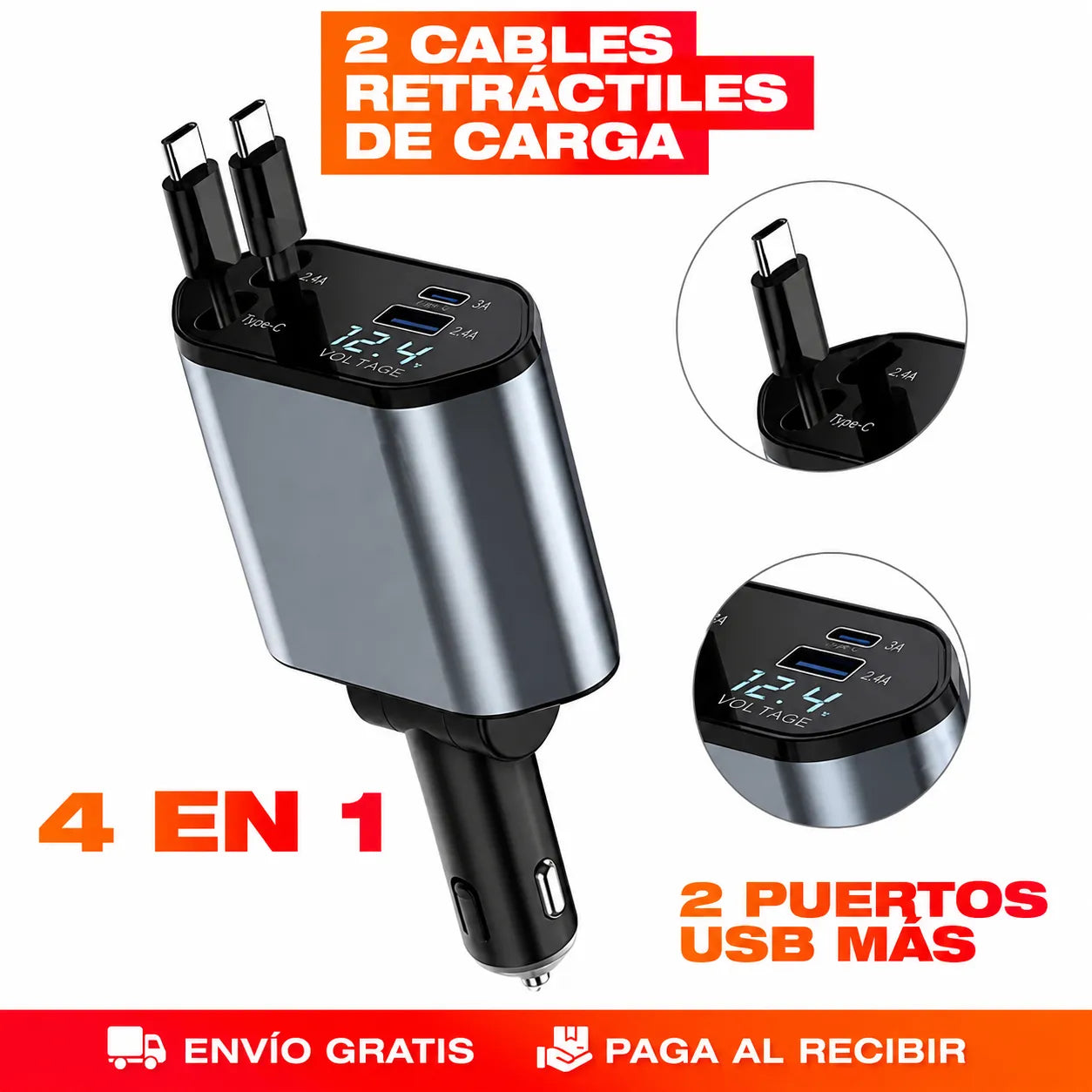 Cargador para Auto 4 en 1: carga rápida y sin enredos . ENVIO GRATIS Y PAGAS AL RECIBIR