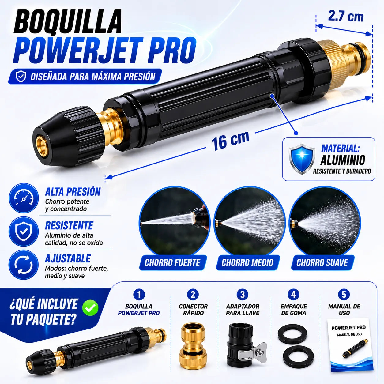 BOQUILLA POWERJET PRO Limpieza potente para patios, autos y jardín