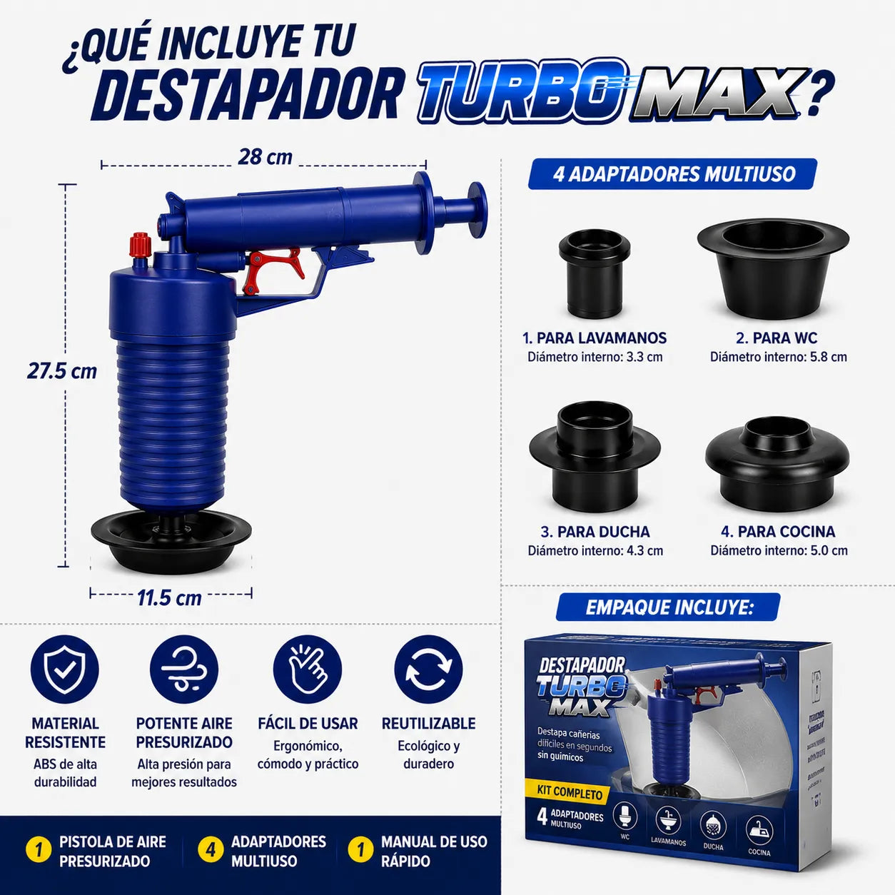 DESTAPADOR TURBO MAX™  Destapa cañerías difíciles en segundos sin químicos