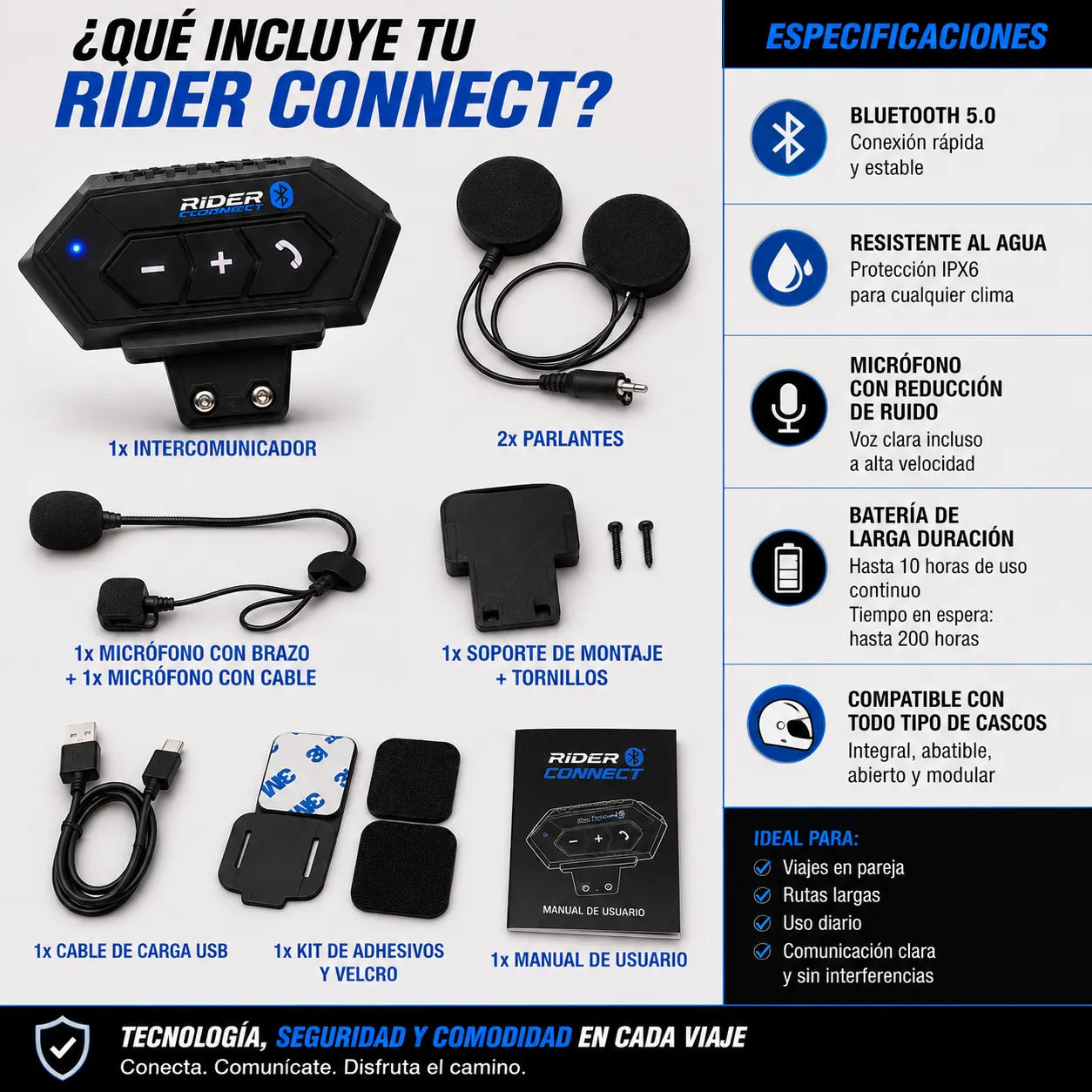 RIDER CONNECT Intercomunicador Bluetooth para hablar durante el viaje sin detenerse