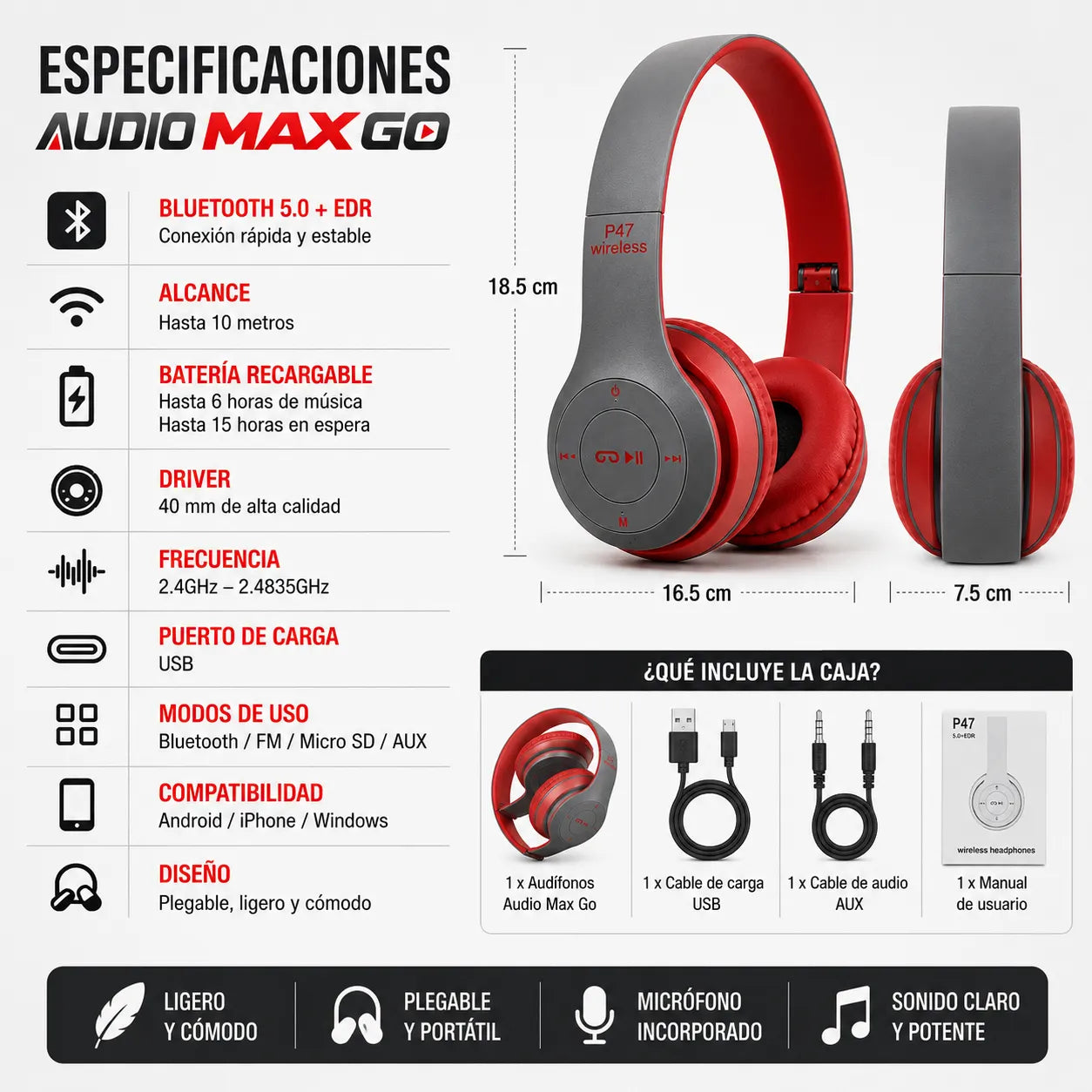 AUDÍFONOS AUDIO MAX p47   Escucha más horas con comodidad y libertad