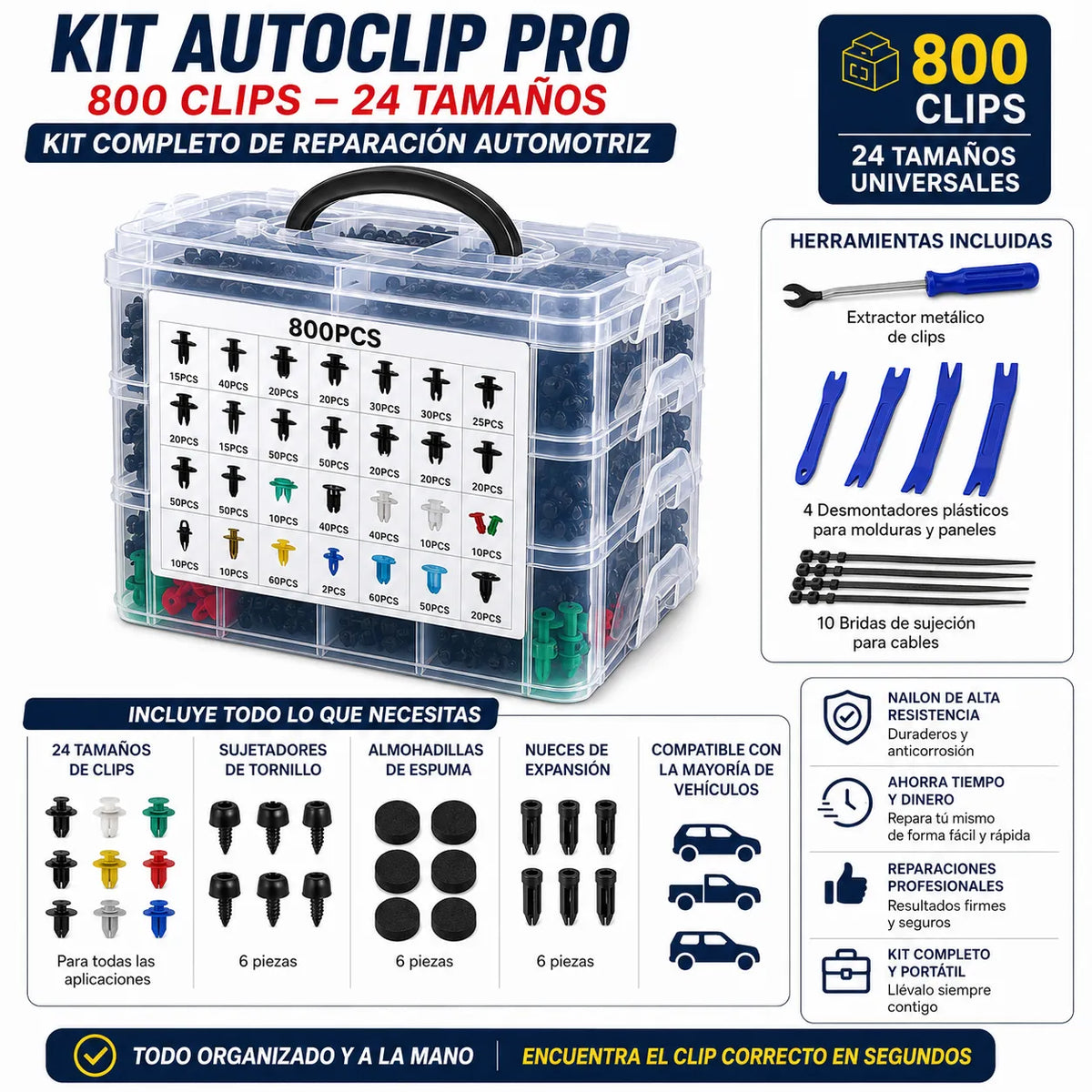 KIT AUTOCLIP PRO   800 Clips para mantener todas las piezas de tu auto firmes y bien ajustadas