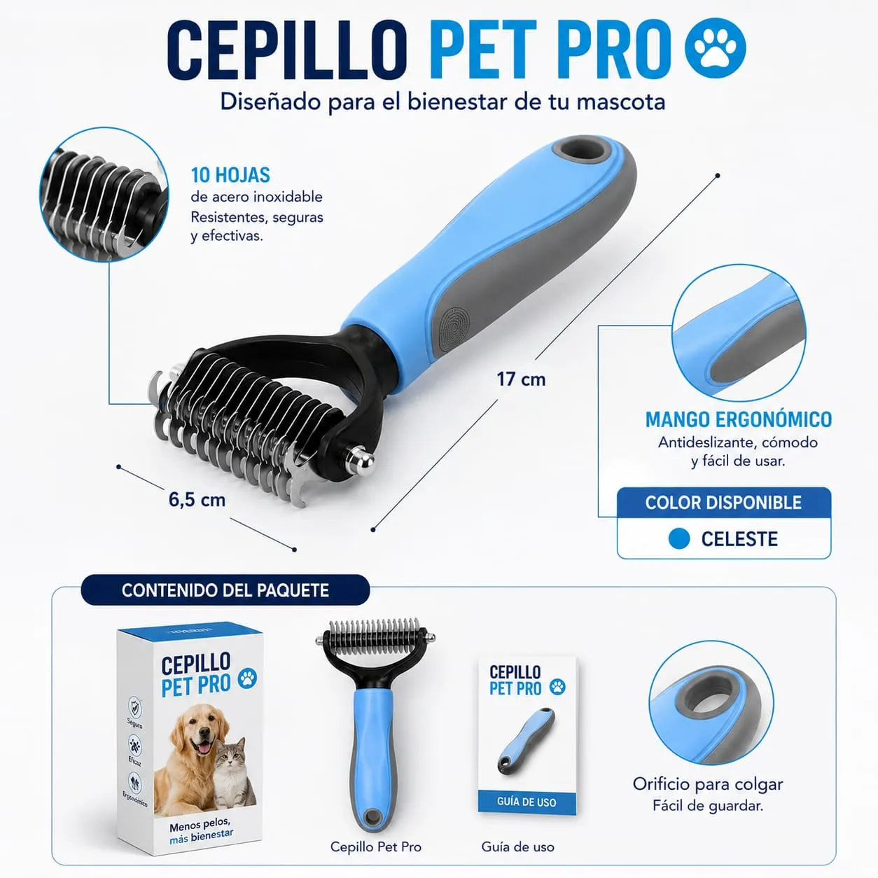 CEPILLO PET PRO elimina nudos de pelo de tu mascota, sin lastimarlo